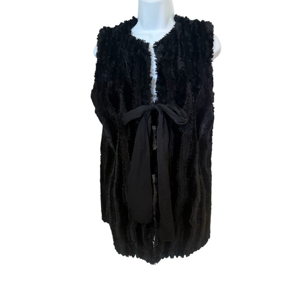 Vintage Cousin Earl Black Faux Fur Satin Tie Closure Long Vest Sleeveless.  8